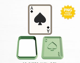 May include: Ace of Spades card cookie cutter with embosser, including a digital download STL file for 3D printing and a PNG image. The set features a rectangular cutter and a matching embosser plate with the spade symbol and letter A.