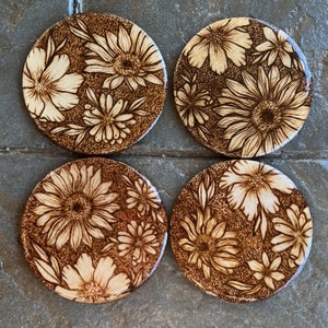 Epoxy Wood Burned Coasters - Flowers