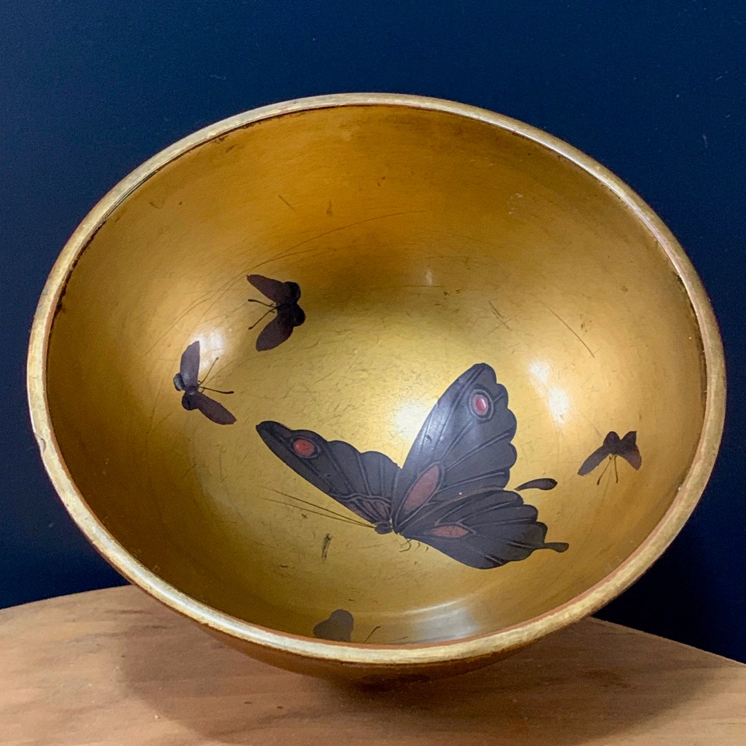 Japanese Urushi Gold Lacquer Rice Bowl With Butterfly Details Etsy