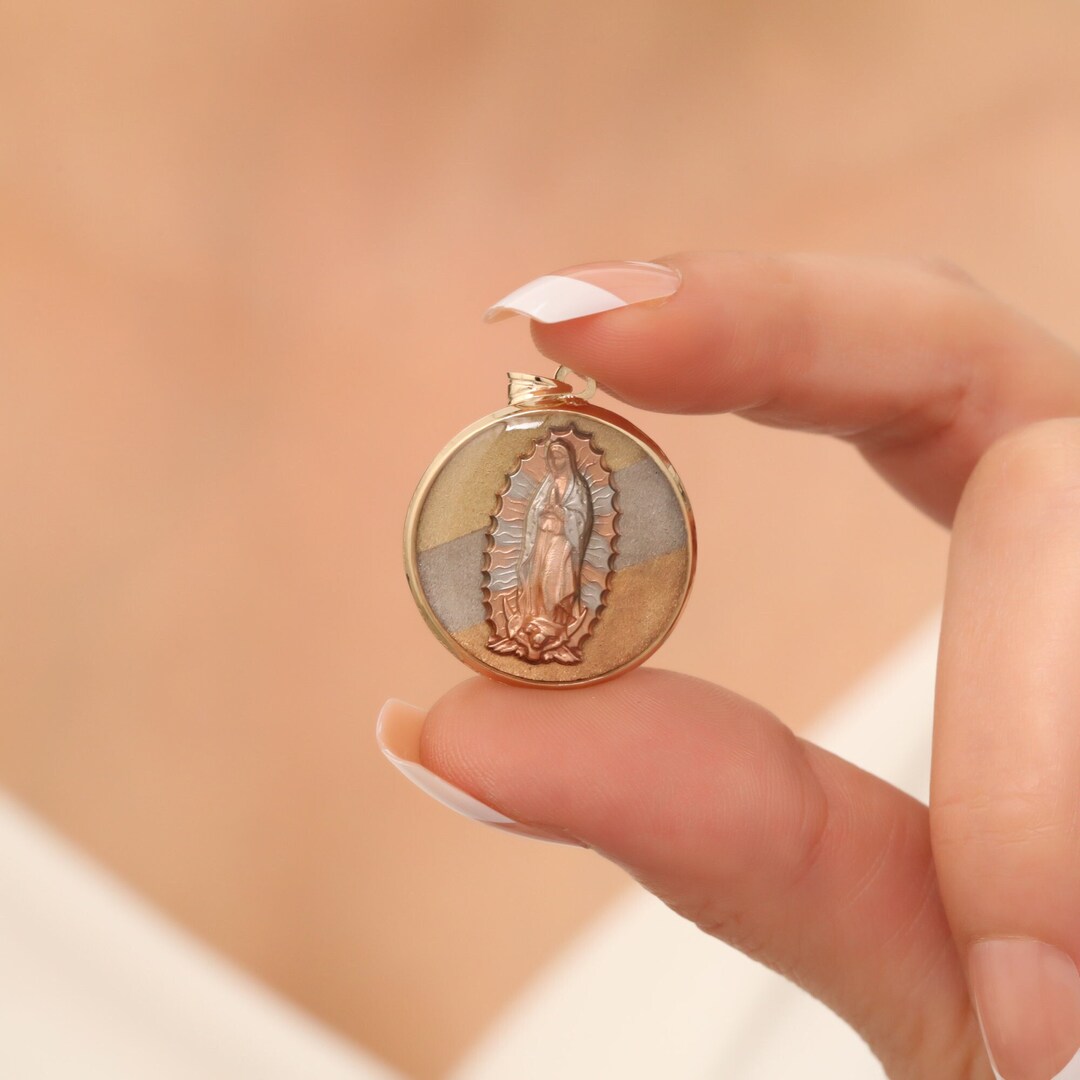 Lady of Guadalupe Virgin Mary Medallion Pendant Real 14K Yellow Gold ...