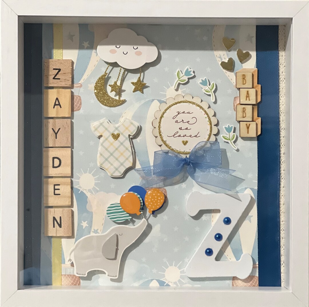 Personalized Baby Shadow Box Blue Boy Themed Wall Art Wood Etsy