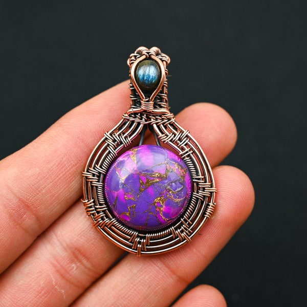 Purple Copper Turquoise Gemstone Pendant Designer Copper Wire Wrapped Pendant Handmade Necklace Copper Jewelry Gift For Her Pendant PK12