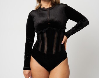 Bodysuit Unique Elegant Velvet Bodysuit with Lace Details, Darts and Long Sleeves