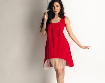 Pleated Red Dress “ Mon Paris “ Romantic Red Dress Mesh Trims Dress Unique Design Contemporary Dress Size on Model M