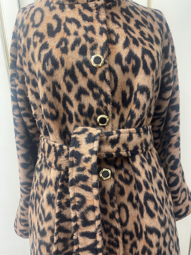 May include: A brown and black leopard print coat with a gold button closure and a matching belt.