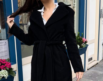 Margot: 100% Wool Long Black Winter Coat with Belt