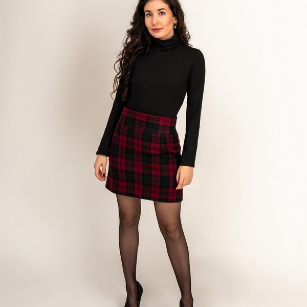 Tartan Mohair Wool Jupe Élégante Jupe Crayon Courte Jupe Classique Femme Silhouette Féminine Tenue Taille Sur Modèle S