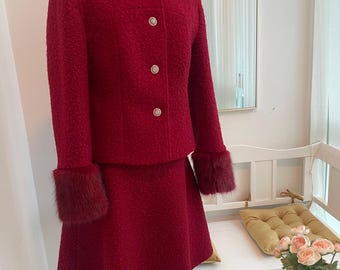 Burgundy “ Arielle “ Wool Coat Peacoat Crystal Buttons Winter Thick Wool Coat Short Coat & Matching “ Arielle “ Skirt