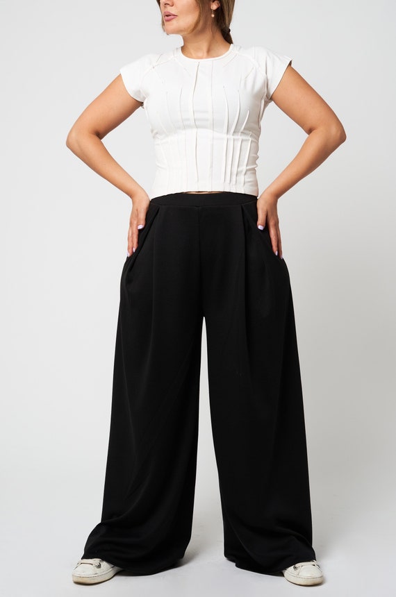 Pants Black Wide Leg Waist Band Palazzo With Side Pockets Cosy