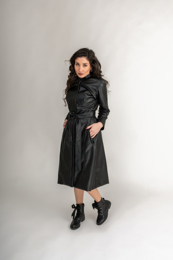 Black Eco Leather Trench Coat: Ruffled Overcoat with Belt