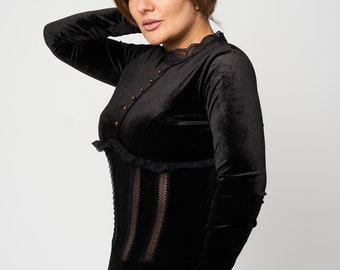 Baroque Velvet Bodysuit: Long Sleeve Lace Trim Evening Wear