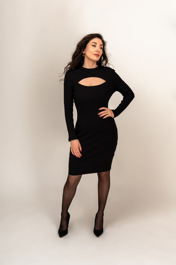 black fitted jersey dress One Long-Sleeve Fitted Jersey Long Dress Black / US 16