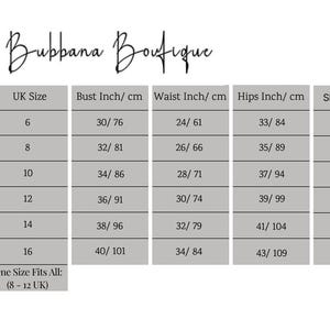 May include: Size chart for women's clothing with measurements in inches and centimeters. The chart includes sizes XS to XXL, with corresponding EU, US, and UK sizes. It also lists bust, waist, hips, sleeve length, and height measurements.