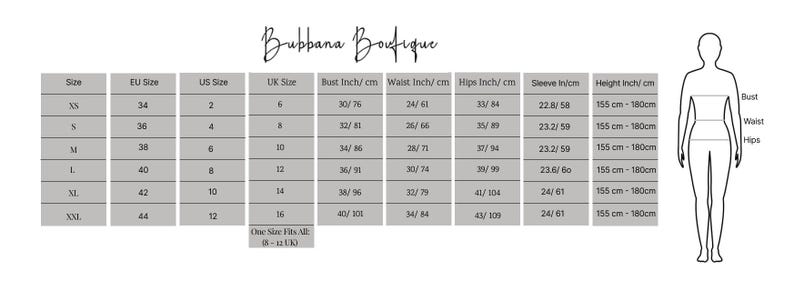 May include: Size chart for women's clothing with measurements in inches and centimeters. The chart includes sizes XS to XXL, with corresponding EU, US, and UK sizes. It also lists bust, waist, hips, sleeve length, and height measurements.