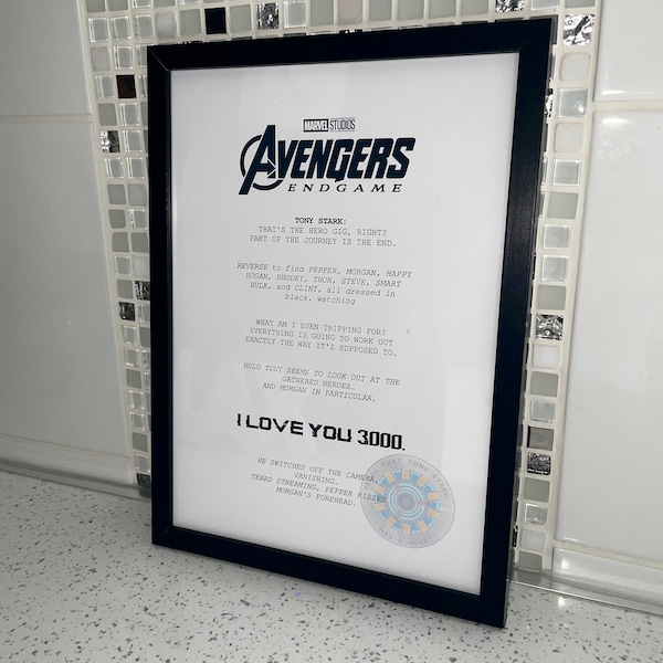 Iron Man, I Love You 3000 The Avengers: Endgame Marvel Script Quote Modern Framed Poster Designed Print Comic Book Fan Gift Home Decor