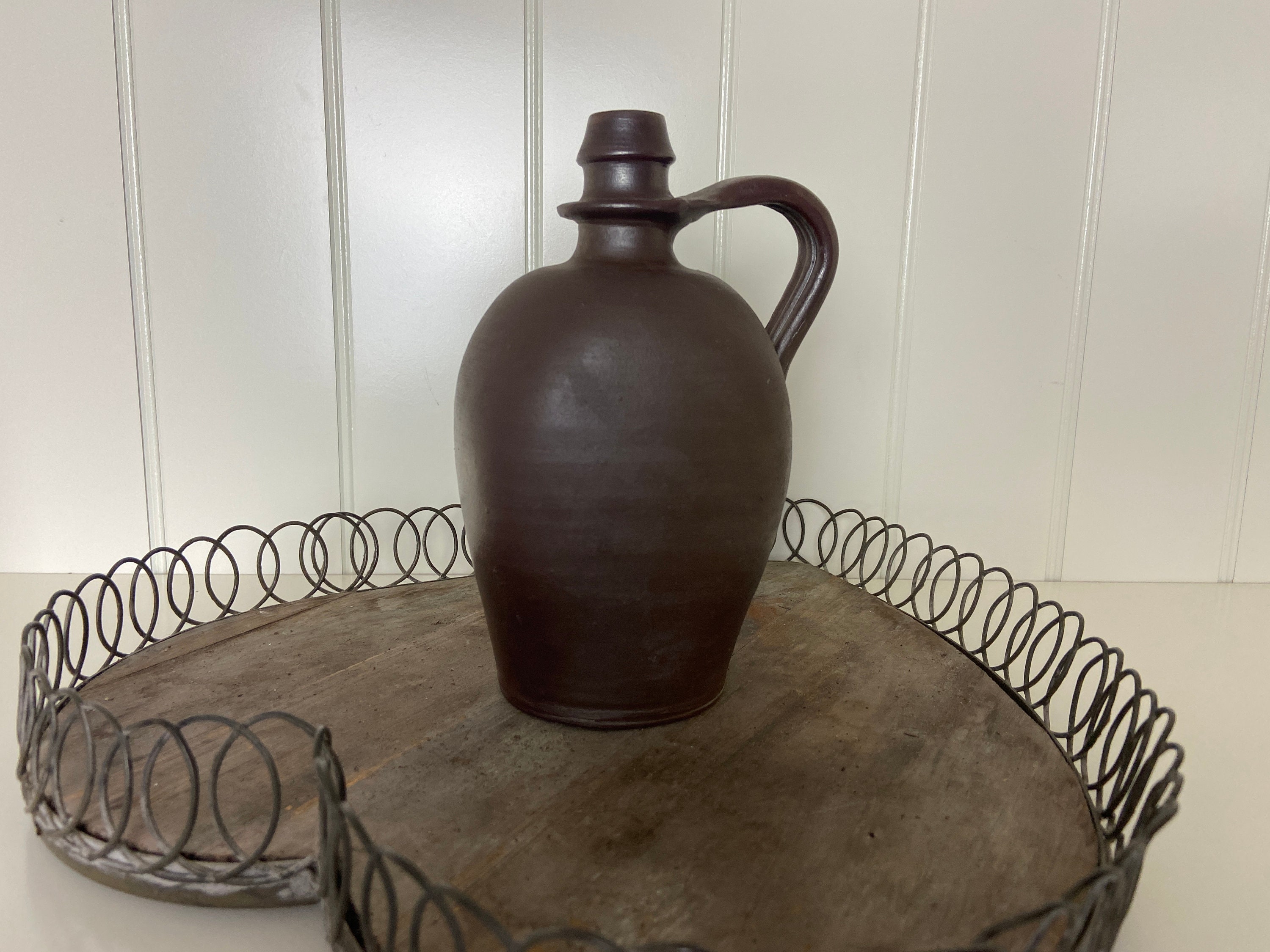 Pot en Argile Noire Français Antique avec Poignée, Poterie Primitive, Rustique Faite à La Main, Déco