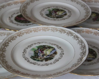 Assiettes en porcelaine, assiettes vintage, assiettes Fragonard, assiettes plaquées or, plats Français, vaisselle romantique