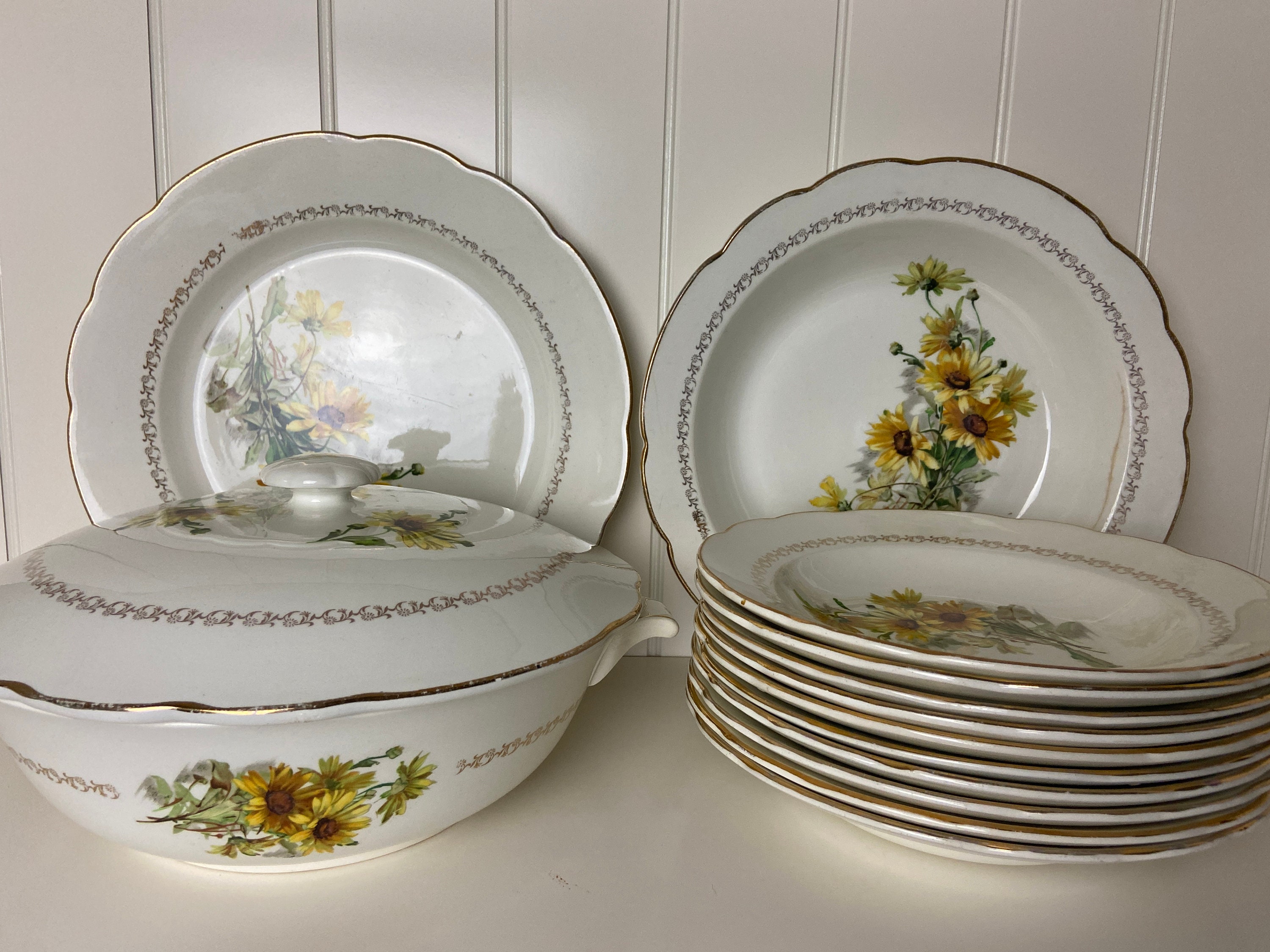 Français Gien Service, Gien Dinner Set Vintage, Plates, Gilt Gold Earthenware, Bowl, Dinnerware