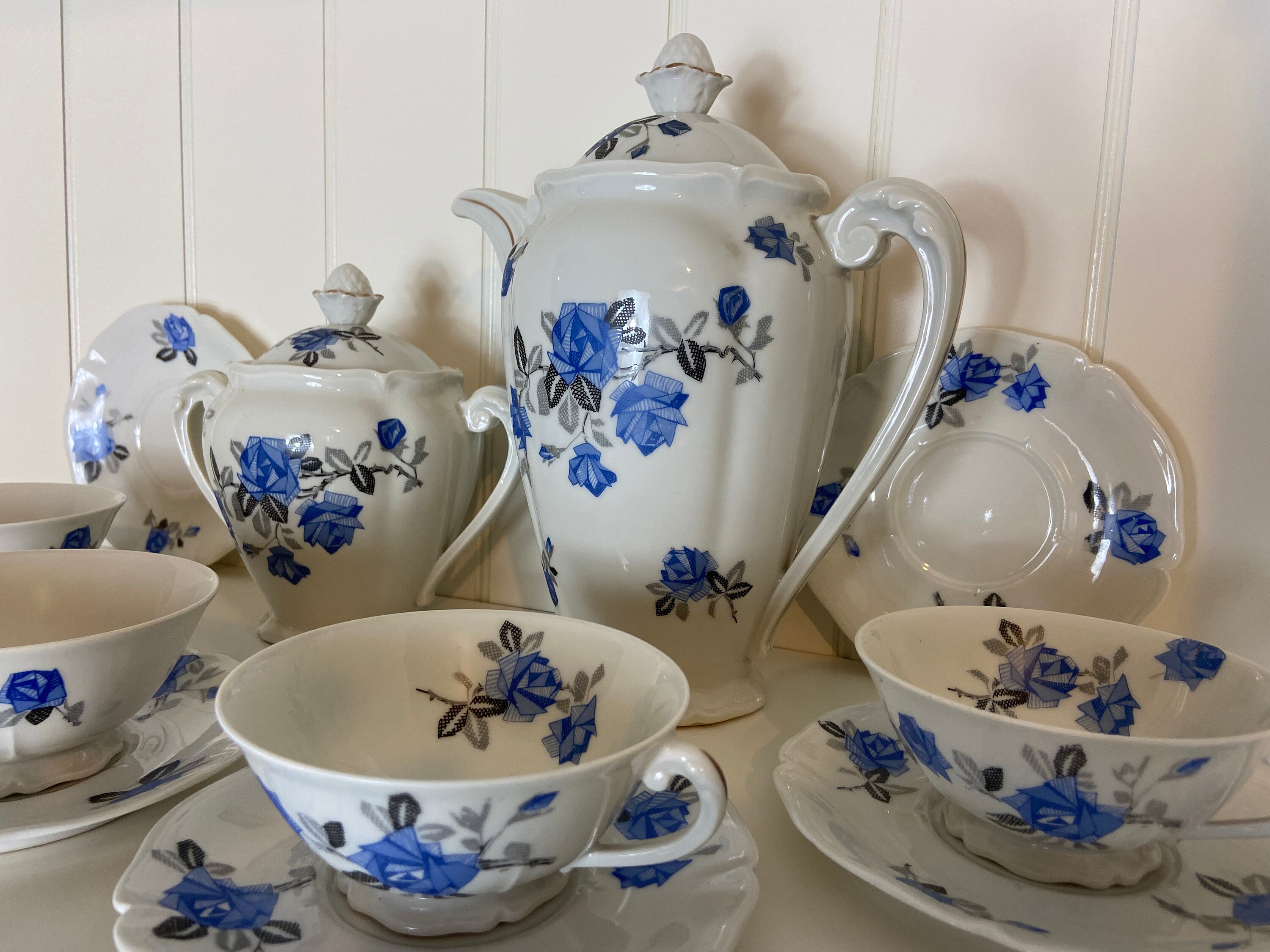 Français Tea Set, Chine, Breakfast Cafetière, Blue & White China, Ancienne Fabrique, Made in France