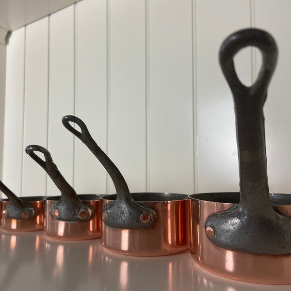 SMALL COPPER Cookware Set, Cast Iron Handles, ART de Cuisine, French Copper Pans, 5 Vintage Copper Pots, Copper Saucepans, Tin Lined Pans