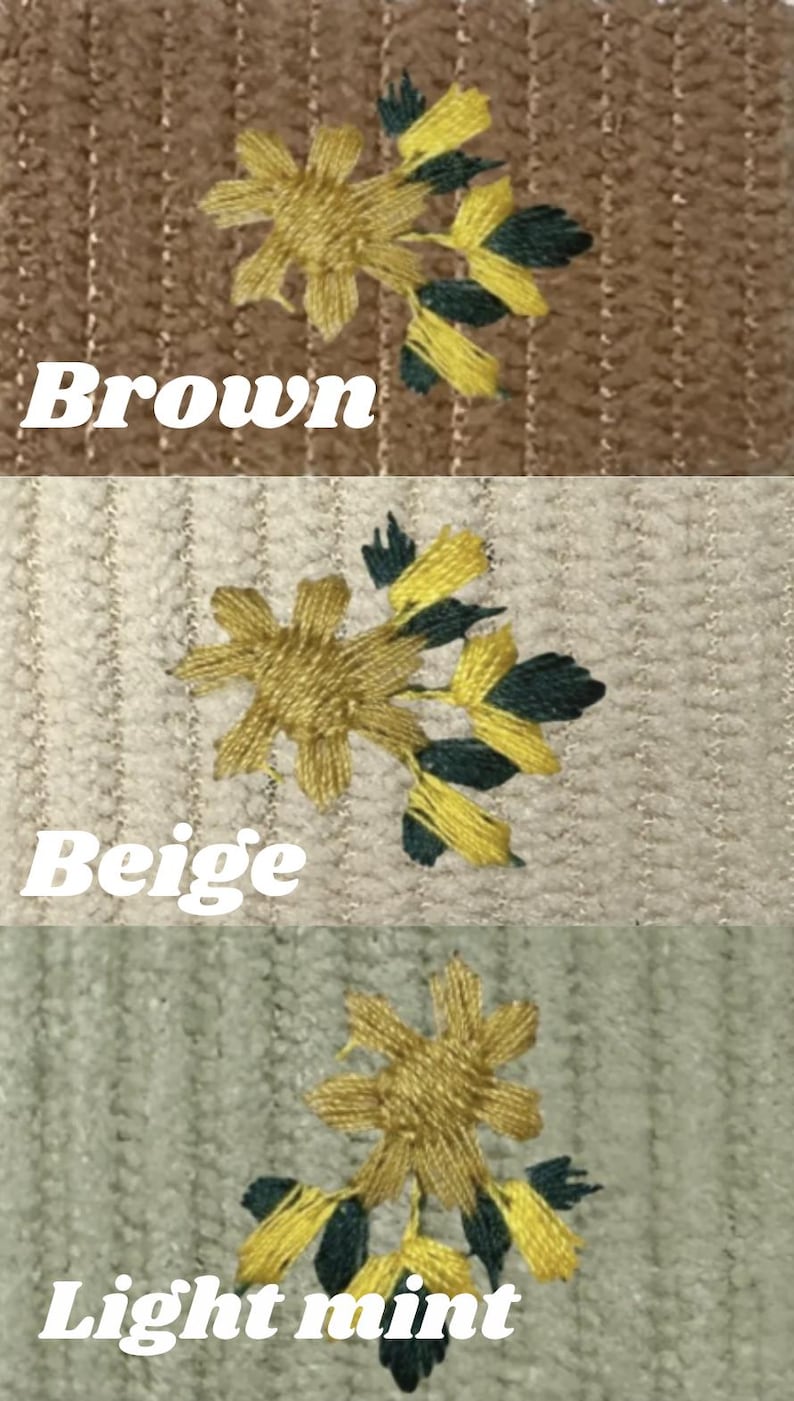 May include: Close-up of three fabric swatches in brown, beige, and light mint. Each swatch features an embroidered floral design in yellow and dark green. The word "Brown", "Beige", and "Light mint" are written below each swatch.