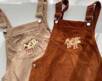 Cow Stardew Valley Embroidered Corduroy Pinafore Dress