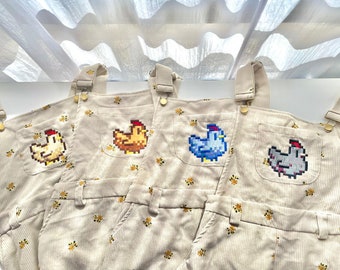 Embroidered Chicken Stardew Valley Overalls: Floral Long Pants