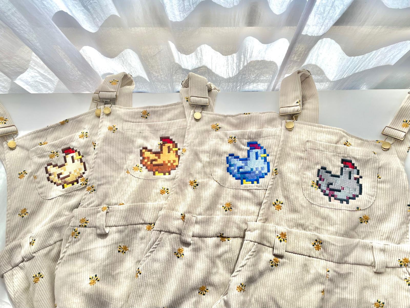 Embroidered Chicken Stardew Valley Overalls: Floral Long Pants