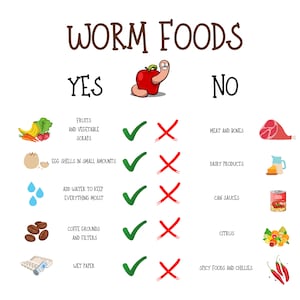 May include: A chart with a red worm and an apple, titled "Worm Foods". It lists foods that are good for worms, such as fruits, vegetables, and egg shells, and foods that are not good for worms, such as meat, dairy products, and citrus.