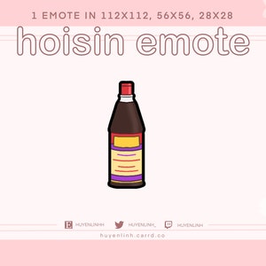 Könnte beinhalten: Eine Cartoon-Illustration einer Flasche Hoisin-Sauce. Die Flasche ist braun mit einem roten Deckel und einem violetten Etikett mit weißem Text.