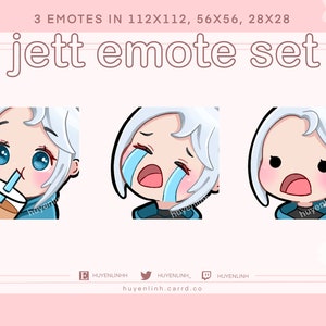 May include: Three digital emotes featuring a cartoon character with white hair, blue eyes, and a light blue shirt. The emotes show the character drinking a boba tea, crying, and with a surprised expression. The text "jett emote set" is at the top of the image.