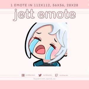 Könnte beinhalten: Eine Cartoon-Illustration einer weiblichen Figur mit weißen Haaren, die mit blauen Tränen weint. Die Figur trägt eine blaue und schwarze Jacke. Der Text "jett emote" befindet sich über der Figur.