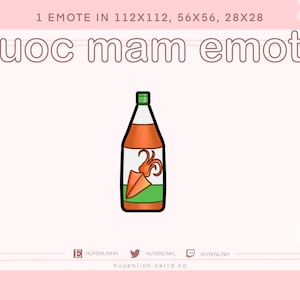 Könnte beinhalten: Eine Cartoon-Illustration einer Flasche Nuoc Mam, einer vietnamesischen Fischsauce, mit einem Tintenfisch auf dem Etikett. Die Flasche ist orange und grün.