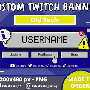 以下が含まれることがあります： レトロなコンピューターをテーマにした青と灰色のTwitchバナー。バナーには「USERNAME」というテキストボックスと、「Watch」、「Follow」、「Sub」というボタンがあります。バナーには、YouTube、Twitter、Instagram、TikTokのソーシャルメディアアイコンも含まれています。
