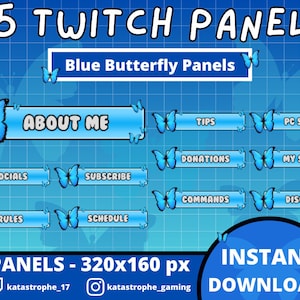 25x Twitch Blue Butterfly Panels / Stream / Cute / Aesthetic / Kawaii / Mint / Cyan
