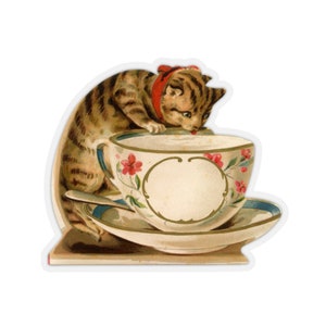 Cat Teacup Sticker, Kiss-Cut Sticker, Victorian Cat Art, Vintage Cat Art Sticker, Kawaii, Cute Cat Art, Cat Lover Gift, Child Gift, Animal