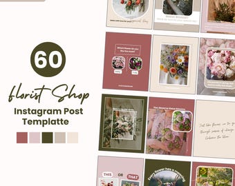 May include: A collection of 60 Instagram post templates for a florist shop. The templates feature floral arrangements, bouquets, and text overlays. The color palette includes shades of pink, green, and beige. Text includes "Florist Shop", "Instagram Post Template", and "Edit in Canva".