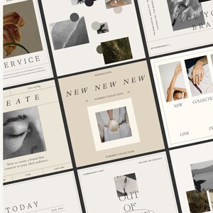 May include: A social media bundle designed with Canva. The image features a collection of square social media posts in neutral tones with text overlays. The text includes "SOCIAL MEDIA BUNDLE" and "The Brand Kit."