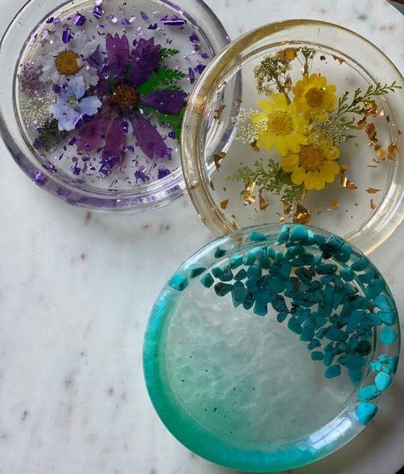 Real Flower | Semi Precious Stone | Embellished Dish | Large Coaster | Candle Tray | Soap Dish | Jewelry Dish | Flower Decor Dish