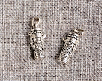 Engraved Prayer Box Pendant: Silver Plated Cylinder Locket Charm