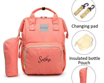 PERSONALIZED Large Diaper Bag Knapsack CORAL Custom Monogram /Name Embroidered Backpack Diaper bag infant /Baby Bag /Gift Nappy Bag
