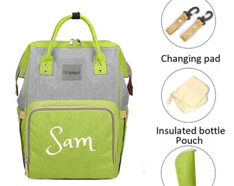 PERSONALIZED Large Diaper Bag Knapsack LIME /GREY Custom Monogram /Name Embroidered Backpack Diaper bag infant /Baby Bag /Gift Nappy Bag