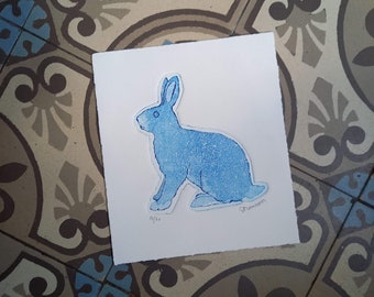 Lapin bleu, grabado original, aguatinta.