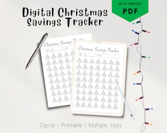 May include: A digital printable Christmas savings tracker with a Christmas tree design. The tracker has a space to write in a savings goal and a grid of 50 Christmas trees to color in as you save.