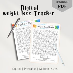 Puede incluir: Plantilla digital imprimible para el seguimiento de la pérdida de peso con un fondo de acuarela colorido. El rastreador tiene una cuadrícula de círculos para registrar el progreso de la pérdida de peso. El texto "Weight-loss Tracker" está en la parte superior de la página.