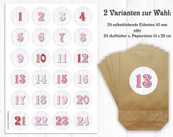 Adventskalender zum Befüllen 24 Aufkleber & 24 Tüten Zahlen (21)