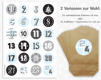 Adventskalender zum Befüllen 24 Aufkleber & 24 Tüten Zahlen blau (10)