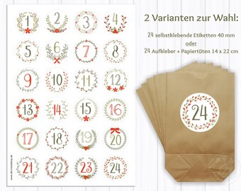 Adventskalender zum Befüllen 24 Aufkleber & 24 Tüten Adventskranz (09)