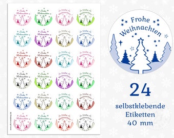 24 Aufkleber 40 mm Frohe Weihnachten mit Tannenbaum (08)