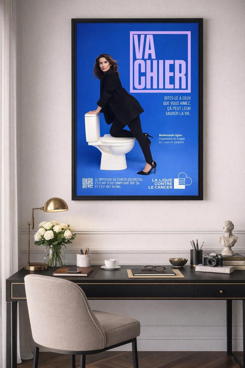 Puede incluir: Un p&oacute;ster enmarcado con fondo azul muestra a una mujer vestida de negro apoyada en un inodoro blanco. El texto "VA CHIER" est&aacute; en letras grandes. Tambi&eacute;n hay texto adicional en franc&eacute;s.